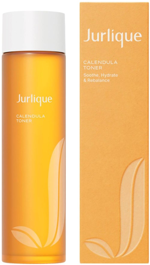 En flaske Jurlique Calendula Toner med en matchende oransje eske, viser produktets navn og et blad-design.