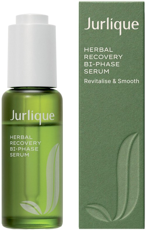 Grønn flaske med Jurlique Herbal Recovery Bi-Phase Serum og tilhørende eske, begge har tekst og bladdesign.