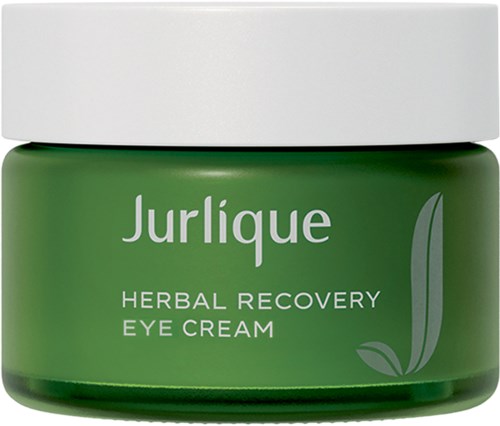 Green jar of Jurlique herbal recovery eye cream with a white lid.