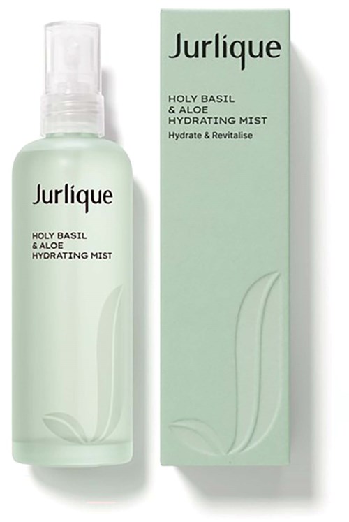 Jurlique Holy Basil och Aloe Hydrating Mist flaska och förpackning, ljusgrönt med enkel bladdesign, text på båda.