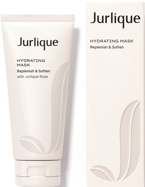 En hvit tube med Jurlique Hydrating Mask og esken med enkel tekst og bladdesign.