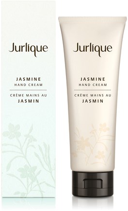 A tube and box of Jurlique Jasmine hand cream with light floral design and soft colors.