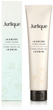 A tube and box of Jurlique Jasmine Hand Cream, white with black text and subtle floral designs.