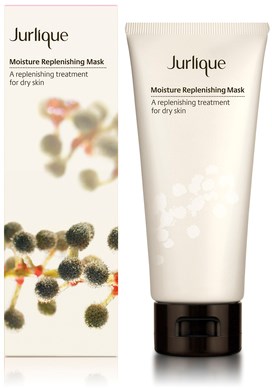 En hvid tube med Jurlique Moisture Replenishing Mask og dens emballage, begge med bløde grafik og enkel tekst.