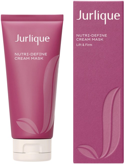 Rosa tub med Jurlique Nutri-Define Cream Mask och dess matchande rosa förpackning med varumärke och produktinformation.