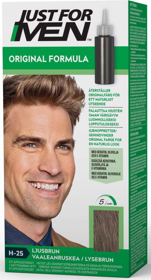 Eine Packung Männerhaarfarbe mit lächelndem Mann, grün-weiße Verpackung und Haarproben.