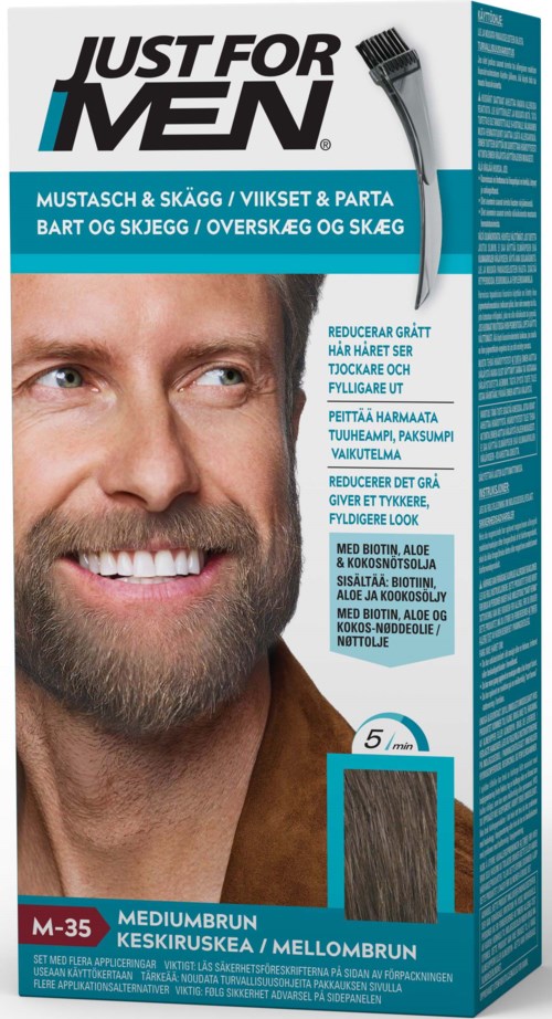 En man med skägg som ler, produktförpackning för herrskäggfärg, med text och blåa element.