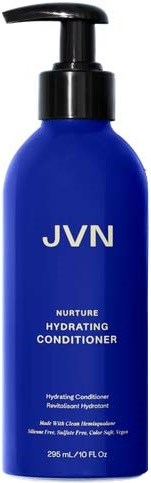 Blå flaska med pump som säger JVN Nurture Hydrating Conditioner. Den innehåller 295 ml. Perfekt för hårvård.