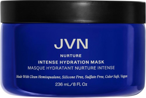 Blå liten burk med svart lock, etikett säger JVN Nurture Intensive Hydration Mask, 236 ml, veganskt och utan sulfater.