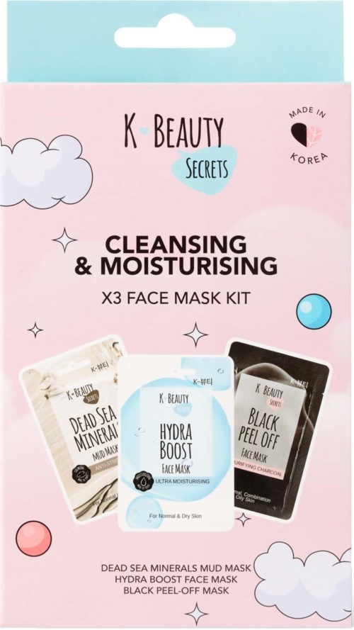 Pakningen viser tre ansigtsmasker til rensning og fugtighedsbevaring, med forskellige ingredienser, i lyserødt etui.
