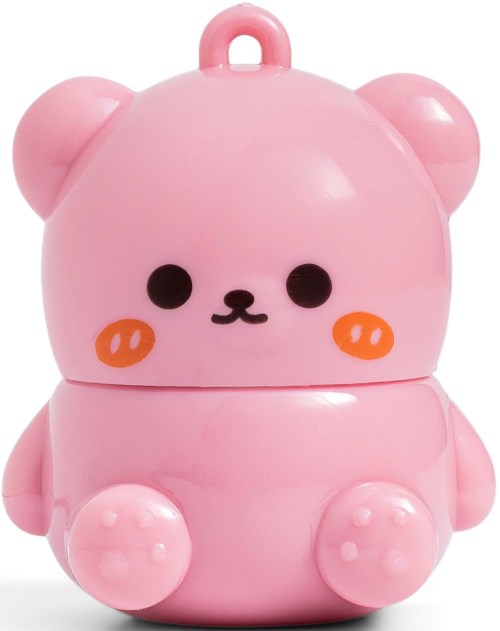 En gullig rosa bearformad behållare med en liten handtag upptill, runda tassar och ett enkelt ansikte med svarta ögon och mun.
