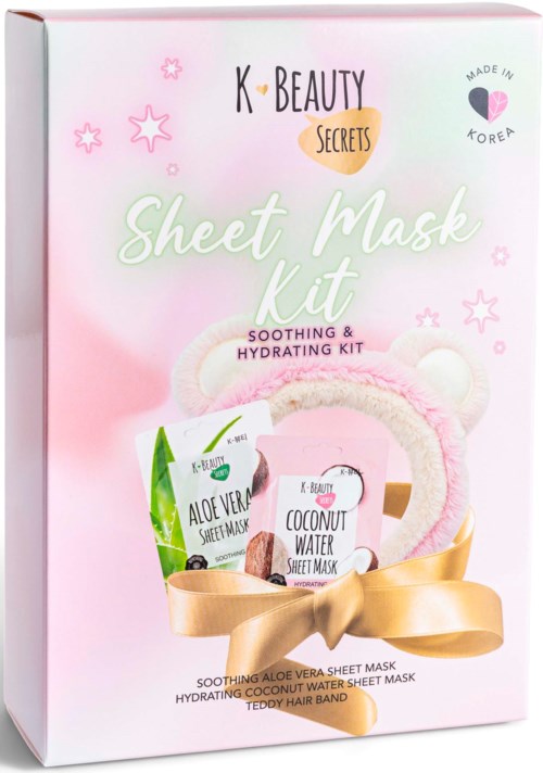 Rosa och vit maskset med aloe vera och kokosvatten, inkluderar ett teddymössband och ett gyllene band.