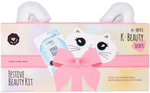 Colorful packaging with a cute cat face, pink bow, and fluffy ears, promoting a beauty kit for face care.