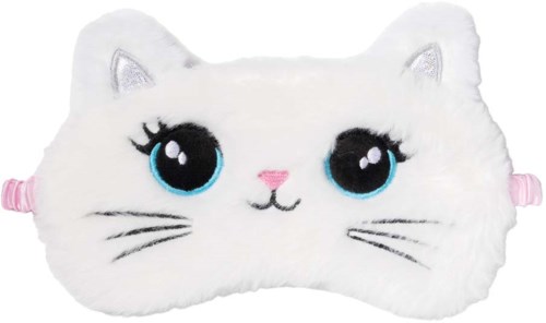 A white plush cat pillow with big blue eyes, pink nose, and black whiskers, and small pink ears and cheeks.