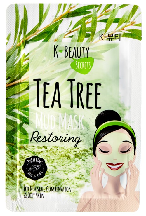 En grønn og hvit pose for en Tea Tree leirmaske, viser en kvinne med en maske og naturlige plantebilder.