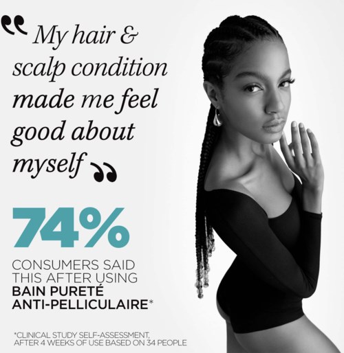 A woman with braided hair and earrings, looking confidently. Text discusses hair, scalp health, and a skincare product.