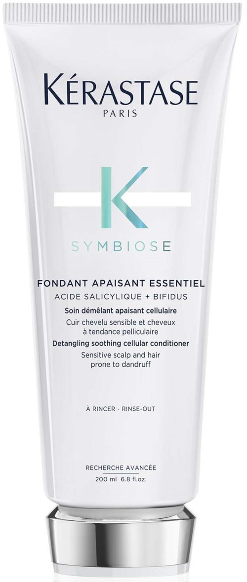 A white bottle of Kérastase Symbiose calming conditioner for sensitive scalps and hair. It is 200 ml.