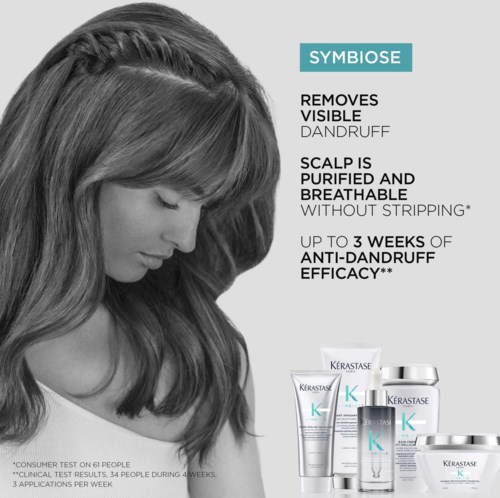 Text about a dandruff shampoo claiming to remove visible dandruff, purify scalp, and provide up to 3 weeks of anti-dandruff effects.