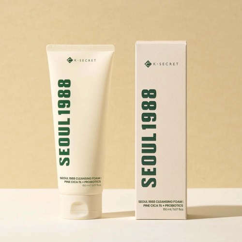 A tube of cleansing foam and its box, both labeled 'Seoul 1988' and 'K-Secret', with a beige background.