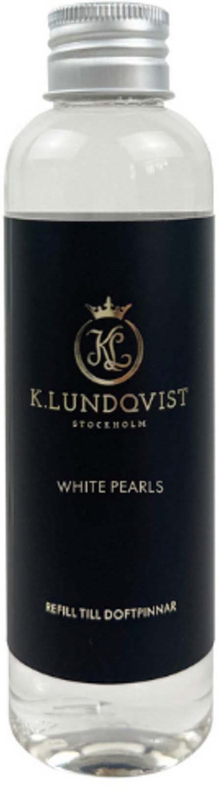 A clear plastic bottle with a dark label, containing a transparent liquid. Labeled 'K. Lundqvist White Pearls'.