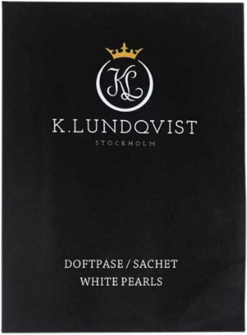 Zwarte verpakking met logo, kroon en tekst voor K. Lundqvist, Stockholm, met productnaam White Pearls.