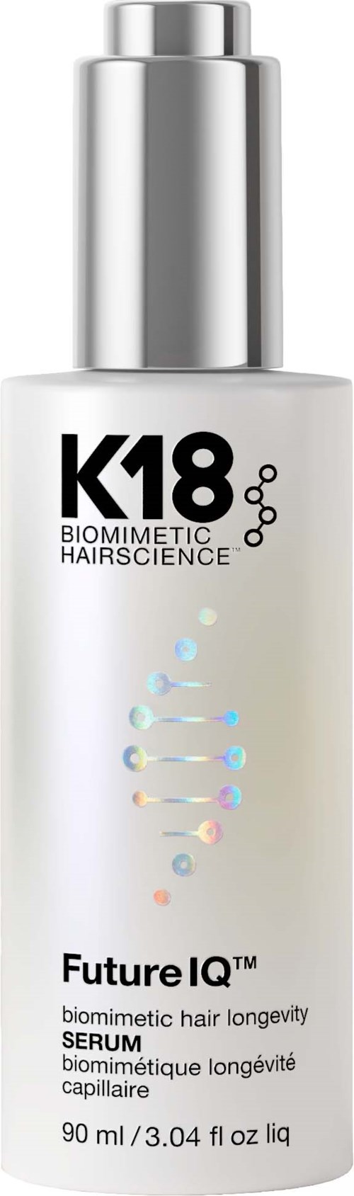 Biała i srebrna butelka serum do długotrwałości włosów FutureIQ z pompą.