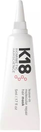 Valkoinen putkilokas K18 Bio-Repair hiusnaamio, merkitty hiusten korjaukseen, 5 ml koko.