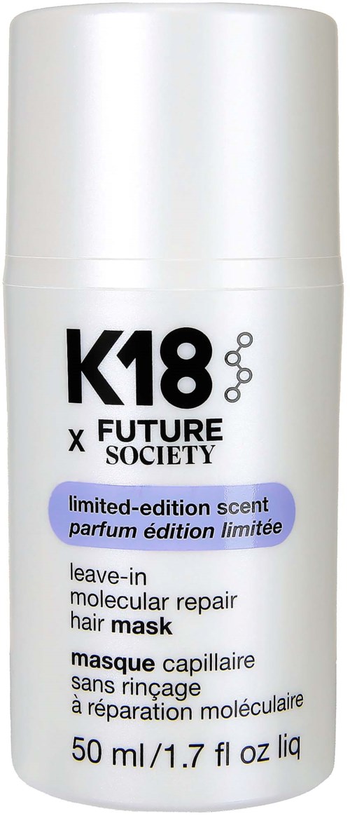 En vit sprayflaska märkt K18 FUTURE SOCIETY med information om ett leave-in hårreparationsmask, 50 ml.