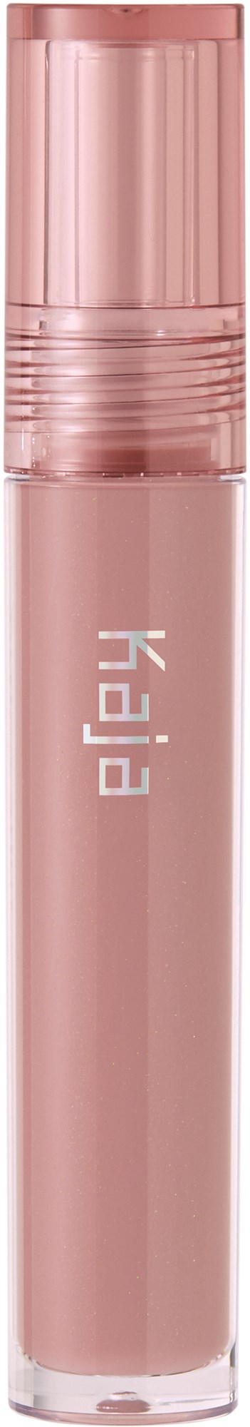 Ein rosafarbener Lippenstift mit durchsichtigem Deckel, Markenname an der Seite, einfaches Design, vor schwarzem Hintergrund.