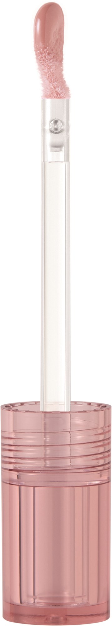 Ein klarer Lippenstiftapplikator mit rosa Schwamminnapp und transparentem Griff, stehend auf einer rosa Basis.