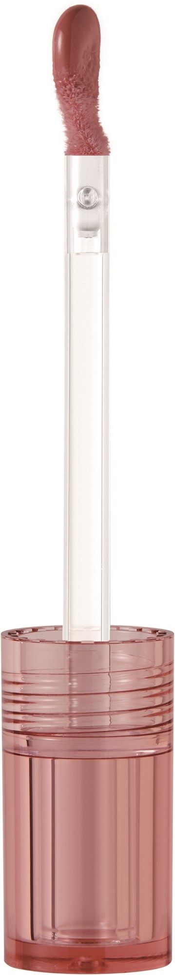 Een make-upartikel met een doorzichtige tube, roze dop en eenappiellippenborstel.