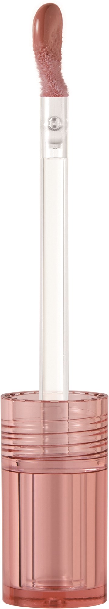 Klare Lipgloss mit pinker Kappe, Applikator ist pink. Es scheint ein Make-up-Produkt zu sein.