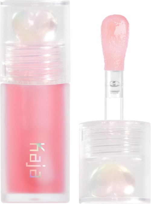 Leppeglansbeholder med rosa gloss og en liten påføringsbørste inni.