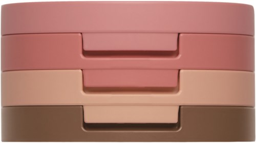 Stablede opbevaringsbokse i pink, beige og mørkebrun med håndtag, stablet oven på hinanden.