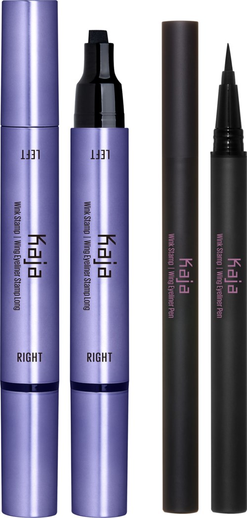 Vier Make-up-Produkte: zwei lila Tuben mit schwarzen Deckeln, zwei schwarze Stifte mit Spitzen, beschriftet in Pink und Schwarz.