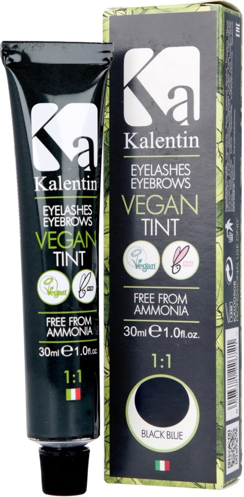 Vegan silmäripsiväri mustassa putkassa ja laatikossa, 'Kalentin' merkinnällä, ammoniakkivapaa, musta sininen väri.