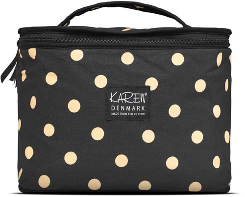 Eine schwarze Tasche mit cremefarbenen Punkten und Griff, gekennzeichnet "KAREW Denmark" aus Bio-Baumwolle.