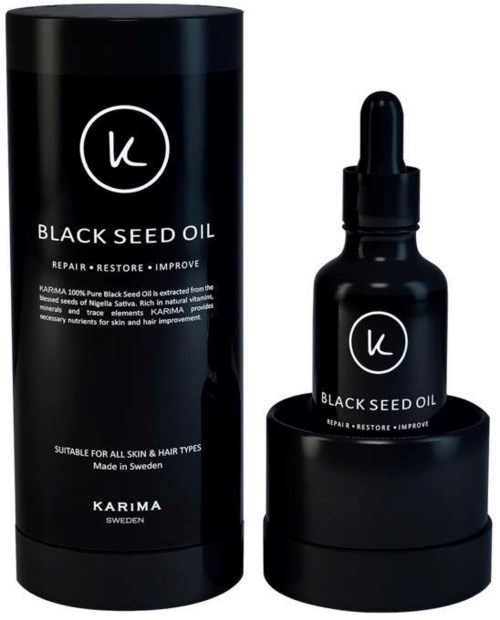 A black bottle with a dropper and a box, labeled 'Black Seed Oil', from Karima Sweden for hair and skin.