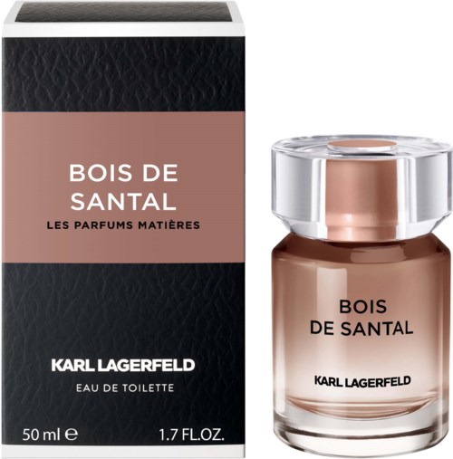 En parfölje och förpackning som är märkta "Bois de Santal" av Karl Lagerfeld, med svart, rosa och klart glas design.