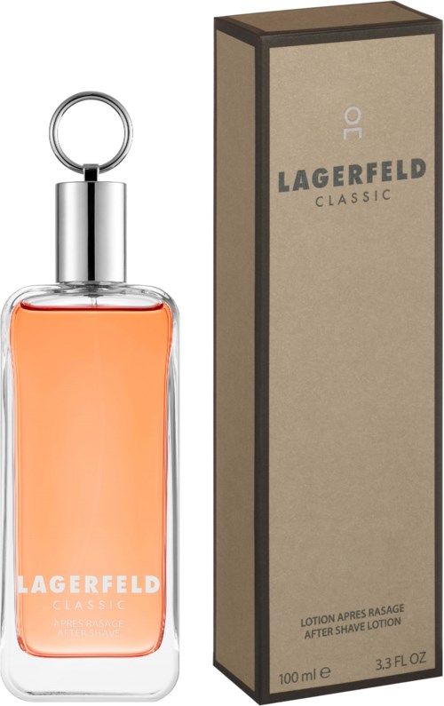 A perfume bottle with an orange liquid and a silver top, next to a tall, beige box labeled Lagerfeld Classic.