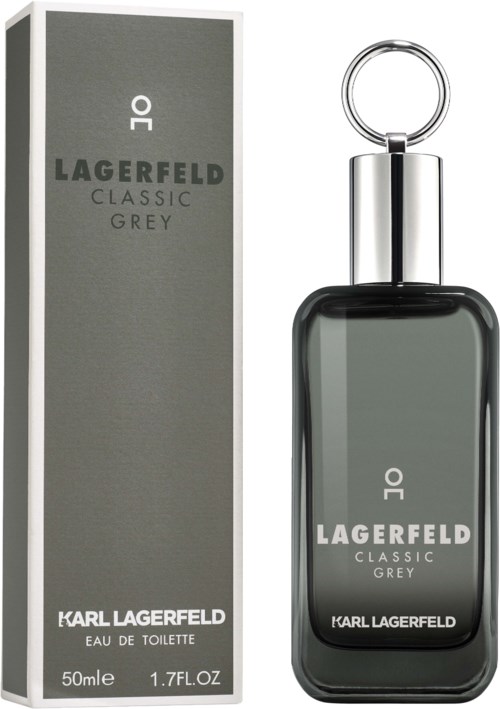 A grey perfume bottle with a circular top cap and matching box labeled Lagerfeld Classic Grey by Karl Lagerfeld.