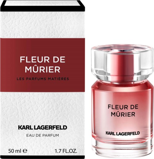 Parfümflasche und Verpackung mit rotem und weißem Design, gekennzeichnet Fleur de Mûrier von Karl Lagerfeld.