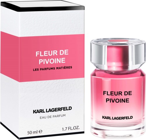 A pink perfume bottle and box label it Fleur de Pivoine by Karl Lagerfeld.
