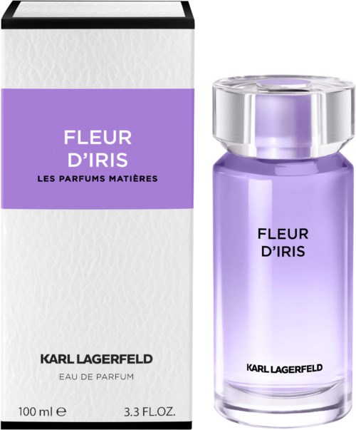 A perfume bottle and box with purple and white colors, labeled 'Fleur d'Iris' by Karl Lagerfeld.