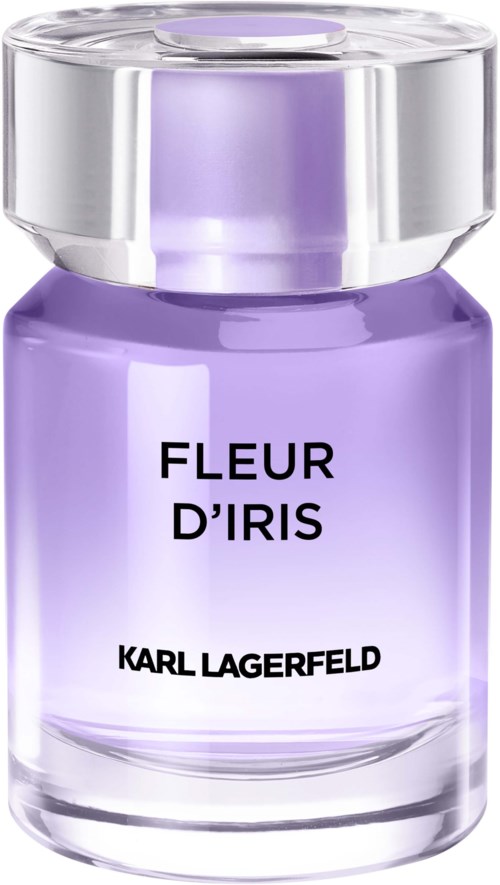 A purple perfume bottle with a clear cap, labeled 'FLEUR D'IRIS' by Karl Lagerfeld.