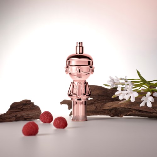 A rose gold robot figure stands among wood, raspberries, and white flowers, against a light background.