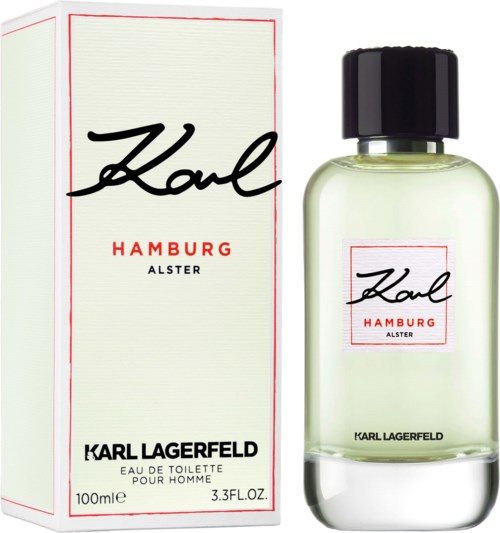 Ein Parfühflasche und -verpackung mit Karl Lagerfeld, Hamburg, und Alster in schwarzem und rotem Text.