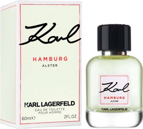 En parf bottle och box med Karl Lagerfelds namn, visar att det är för Hamburg-utgåvan, 60 ml.
