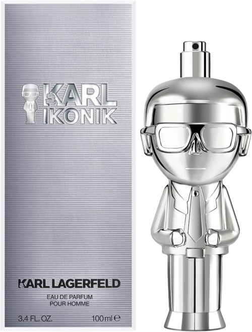 En silverparfymflaska formad som en person med glasögon, bredvid en grå box med namnet 'Karl Lagerfeld' på.
