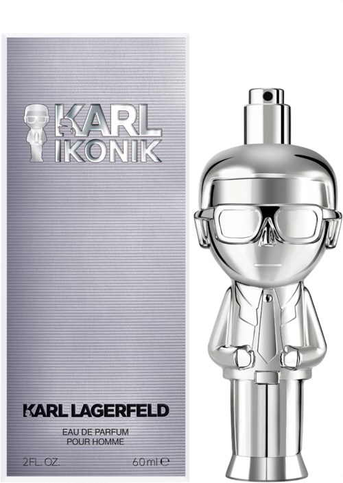En silver sprayflaska formad som en cool figur med glasögon och kostym, med en box märkt 'Karl Ikonik' och 'KARL LAGERFELD.'